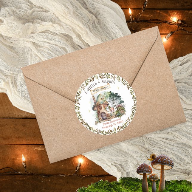Sticker Rond Fairy Woodland Animaux Champignons Adresse de reto (Fairy First Woodland Animals Mushrooms Girl's 1st Birthday Party Round Return Address Envelope Seal.)