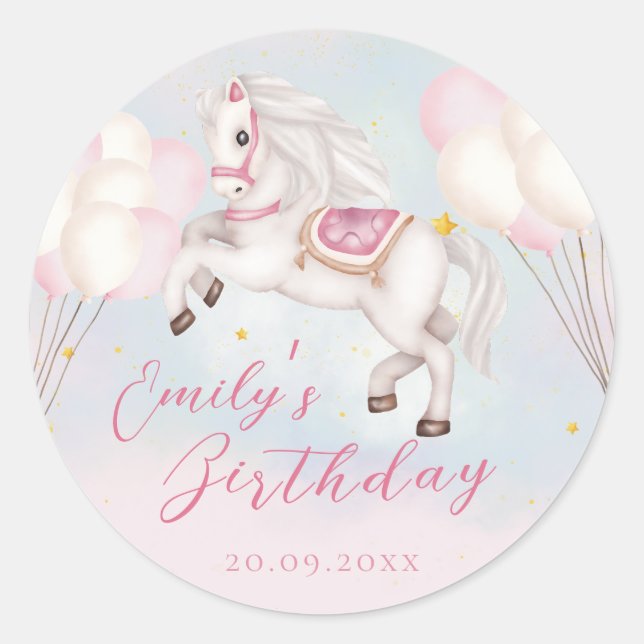Sticker Rond Fairytale bébé Pony rose ballons étoile Anniversai (Devant)