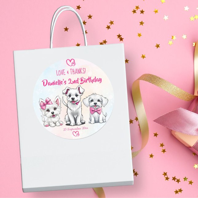 Sticker Rond Faisons pawty rose mignonette chiots fête d'annive (Let's pawty cute puppies pink  bows girls birthday party thank you favor sticker dog themed favors)