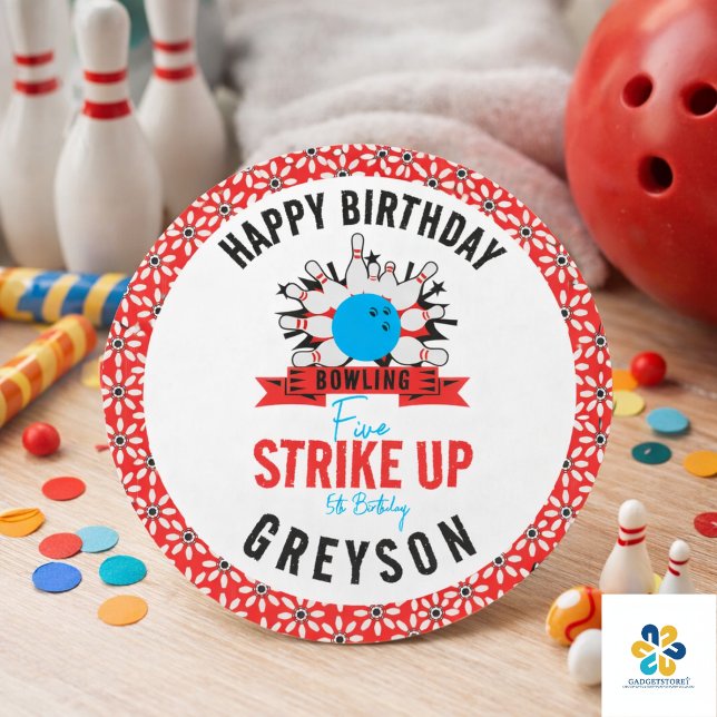 Sticker Rond Faisons une partie de bowling ! Fête d'anniversair (Let’s Bowl! Fun Kids 5th Birthday Party Bowling Classic Round Sticker)