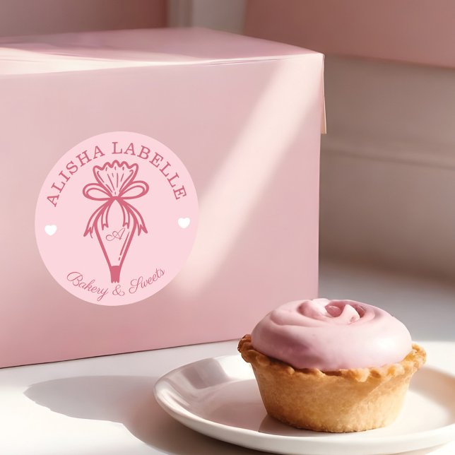 Sticker Rond Fait À La Main Avec Amour Boulangerie Moderne Sac  (Handmade With Love Modern Bakery Piping Bag Pink Classic Round Sticker)