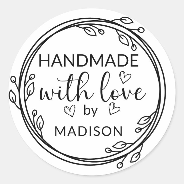 Sticker Rond Fait à la main avec amour Nom personnalisé (Devant)