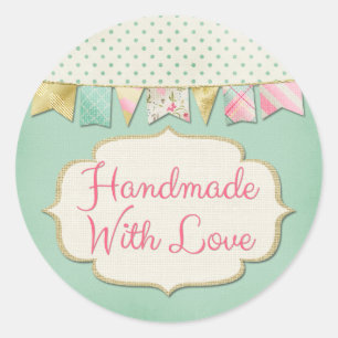Sticker Rond Fait À La Main Avec Amour Shabby Chic Boutique Bun