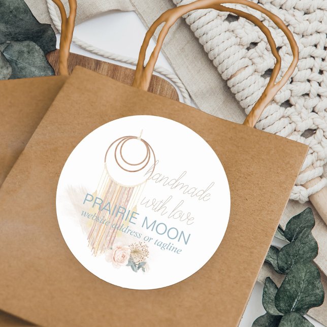 Sticker Rond Fait à la main avec l'amour Boho Macrame Mur penda (Handmade with Love small business packaging stickers with boutique boho macrame wallhanging)