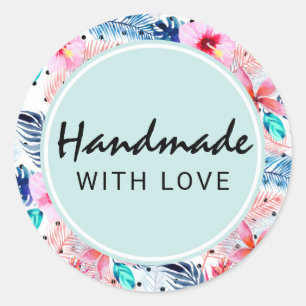 Sticker Rond Fait à la main avec l'amour Tropical Hawaiian Hibi