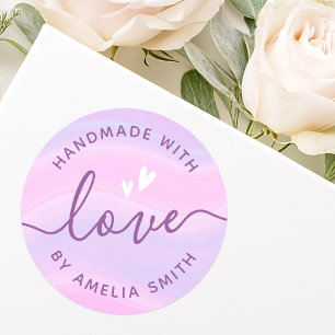 Sticker Rond Fait à la main avec les coeurs d'amour ajouter nom