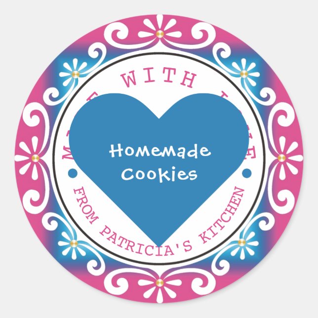 Sticker Rond Fait Avec Amour De La Cuisine De Bleu Rose (Devant)