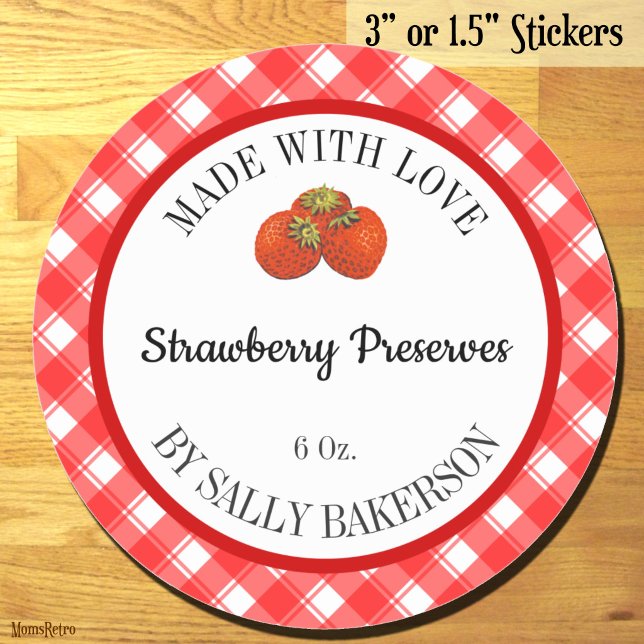 Sticker Rond Fait Avec Amour Fraise Éditables Rouge Blanc à Car (Made With Love Strawberry Editable Red White Plaid Classic Round Sticker)
