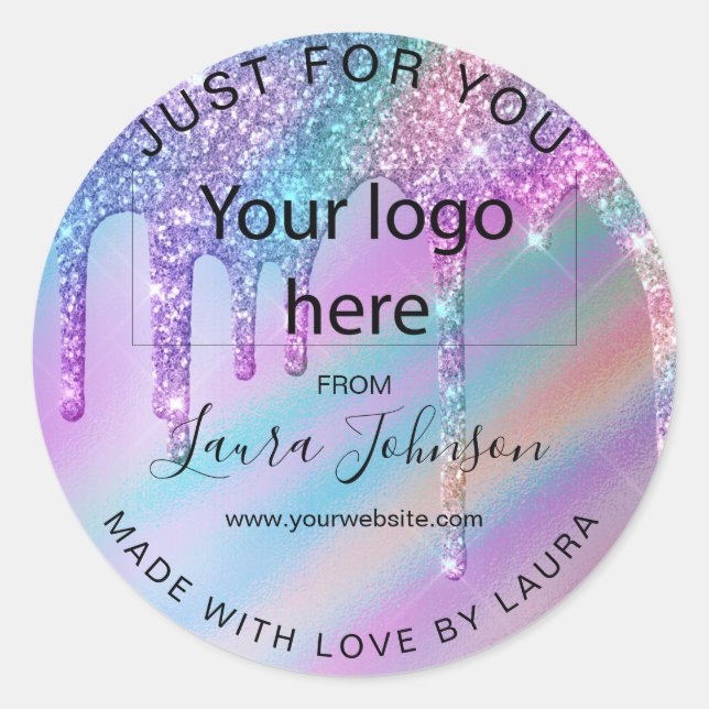Sticker Rond fait avec amour holographe gouttes ajouter votre l (Devant)