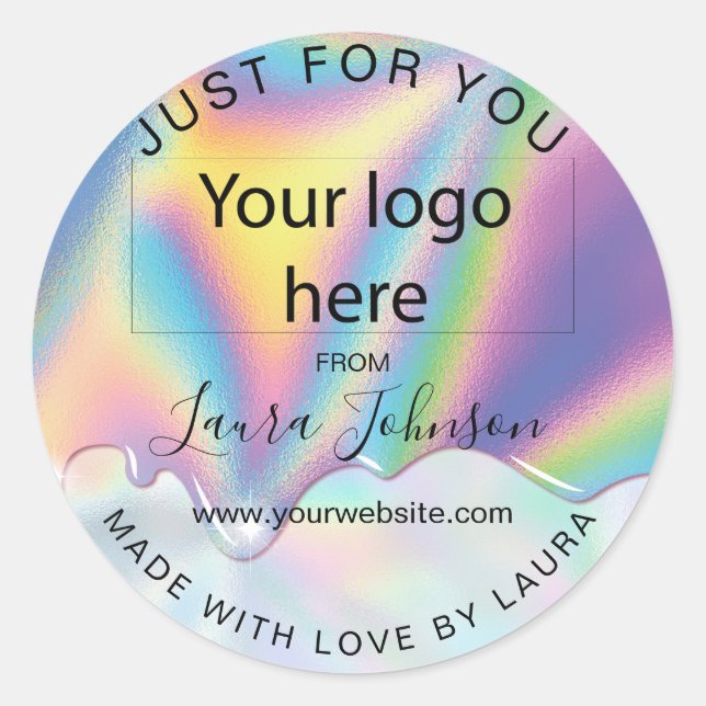 Sticker Rond fait avec amour holographe gouttes ajouter votre l (Devant)