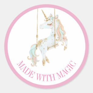 Sticker Rond Fait avec de la Magie Licorne Rose et Or