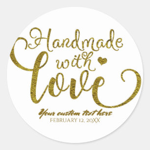 Sticker Rond Fait main avec amour Chic Or Faux Feuille Look sur