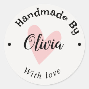 Sticker Rond Fait main avec amour cœur nom URL terre cuite blan