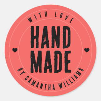 Sticker Rond Fait main avec Amour Corail Rose Artisanal Personn