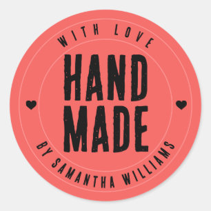 Sticker Rond Fait main avec amour Corail rose personnalisé Arti