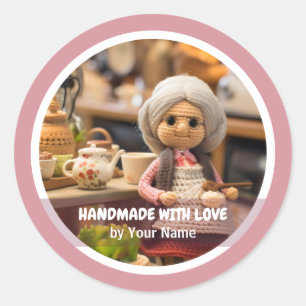 Sticker Rond Fait main avec amour Dame de crochet cuisine
