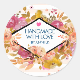 Sticker Rond Fait main avec les fleurs roses oranges d'amour