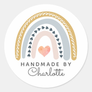 Sticker Rond Fait main Bohème Aquarelle Arc-en-ciel et cœur ros