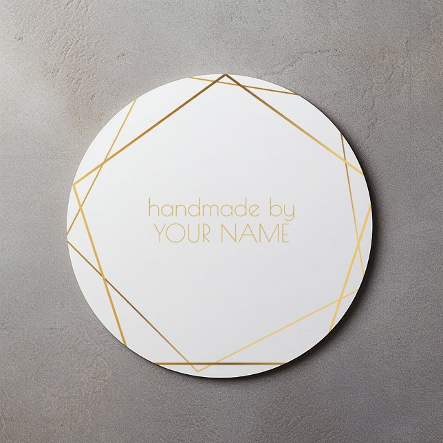 Sticker Rond Fait main par effet doré géométrique blanc moderne (Handmade by your name stickers to seal your envelopes or packaging for your small shop, etsy store)