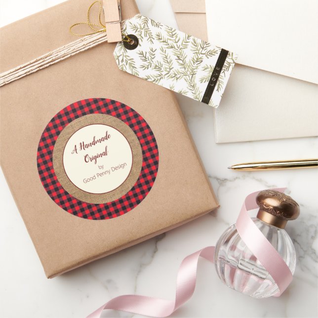 Sticker Rond Fait main par Vous Plaid de Buffalo Rouge et Toile (Cadeaux)