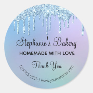 Sticker Rond Fait maison avec amour Bleu Paillettes qui dégouli