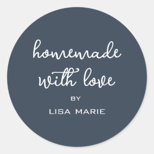 Sticker Rond Fait Maison avec Amour Cadeau Personnalisé Bleu Fo
