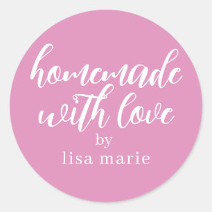 Sticker Rond Fait Maison avec Amour Cadeau Rose Fuchsia Personn