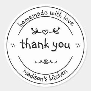 Sticker Rond Fait maison avec amour Merci noir et blanc migno