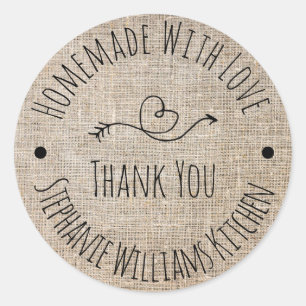 Sticker Rond Fait maison avec amour   Merci Rustique Burlap