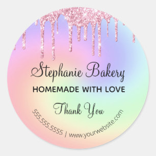 Sticker Rond Fait maison avec Amour  Paillettes Roses  Merci