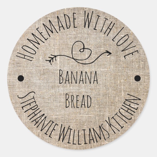 Sticker Rond Fait maison avec amour Rustique Burlap |  Produits (Devant)