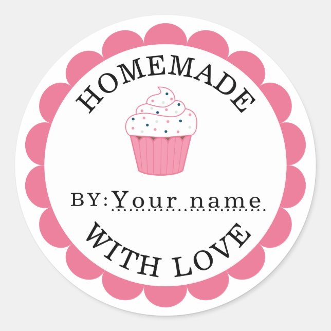 Sticker Rond Fait maison avec le cupcake rose amour (Devant)