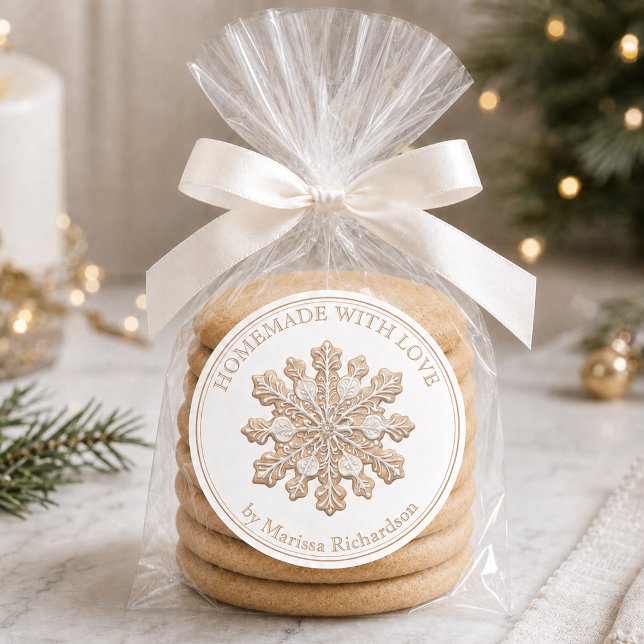 Sticker Rond Fait maison Noël Fêtes Pâtisseries (elegant classic snowflake cookie homemade with love Christmas holiday baked goods sticker)