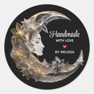 Sticker Rond Faite à la main avec amour Beau visage dans la lun