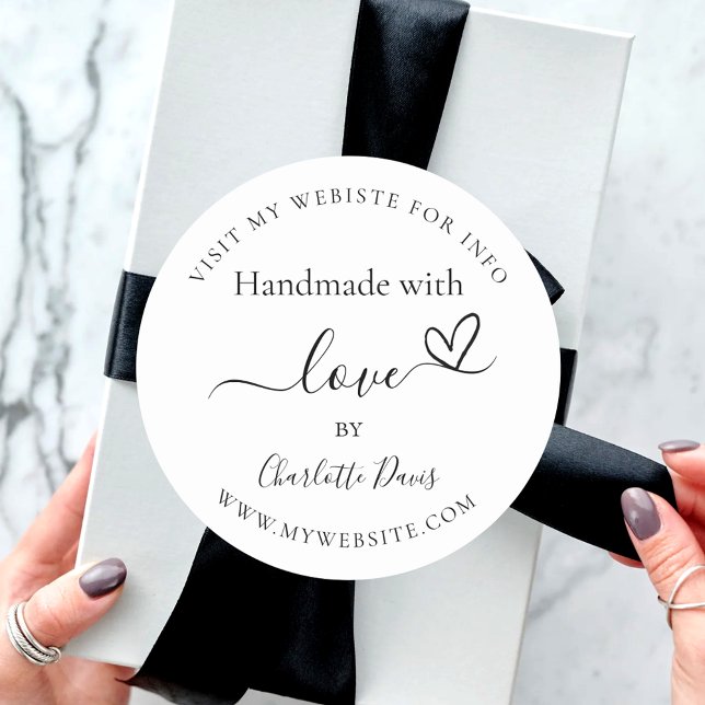 Sticker Rond Faite à la main avec amour noir blanc nom site (Créateur téléchargé)