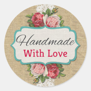 Sticker Rond Faite À La Main Avec Amour Shabby Chic Roses Vinta