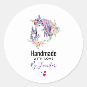 Sticker Rond Faite à la main avec l'amour Magique Unicornes Aqu