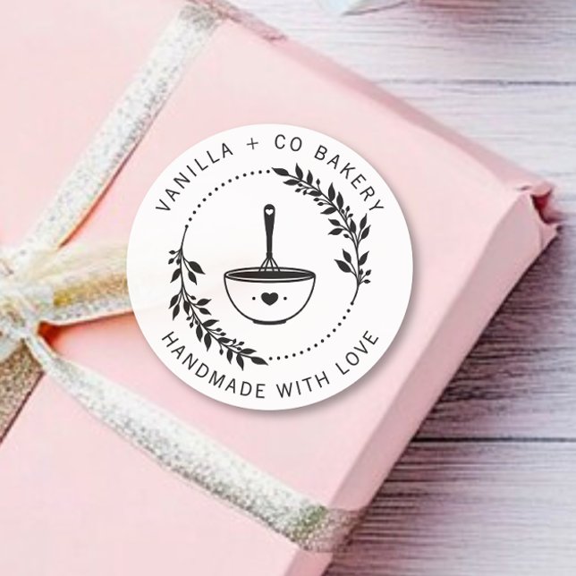 Sticker Rond Faite À La Main Moderne Avec Amour Whisk Bakery Co (Créateur téléchargé)