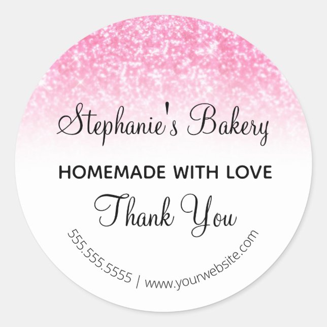 Sticker Rond Faite avec amour Paillettes roses Merci (Devant)
