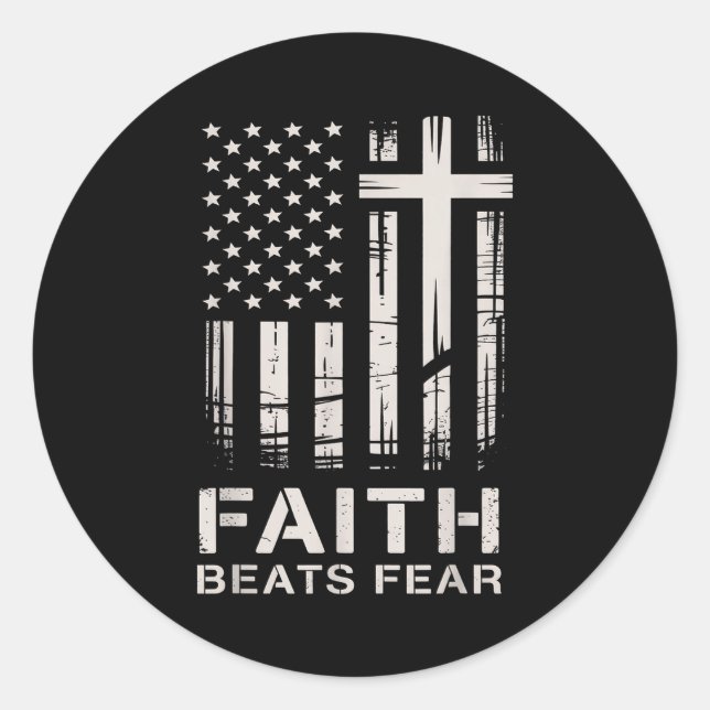 Sticker Rond Faith Beats Fear American Flag Christian Cross  (Devant)