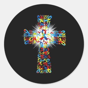 Sticker Rond Faith Christian Cross Ribbon Puzzle Autisme Connai