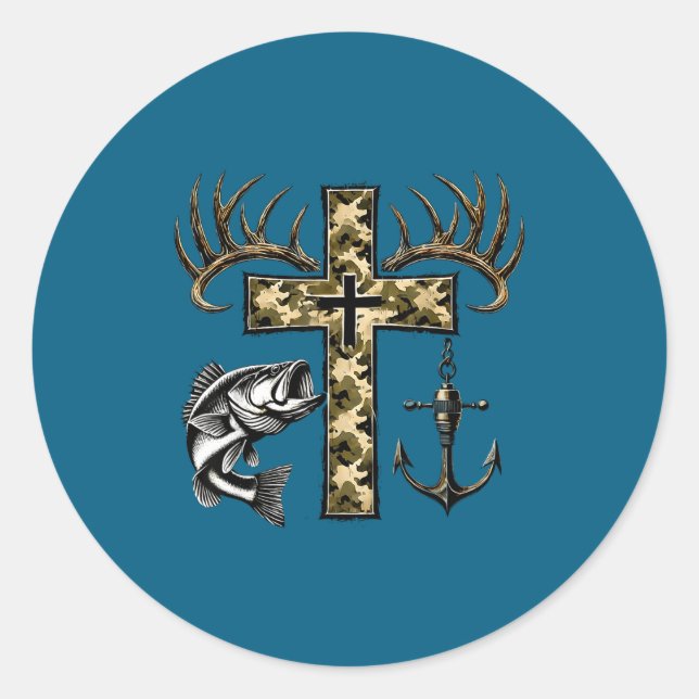 Sticker Rond Faith Fishing Hunting Camo Cross With Hook B Chris (Devant)