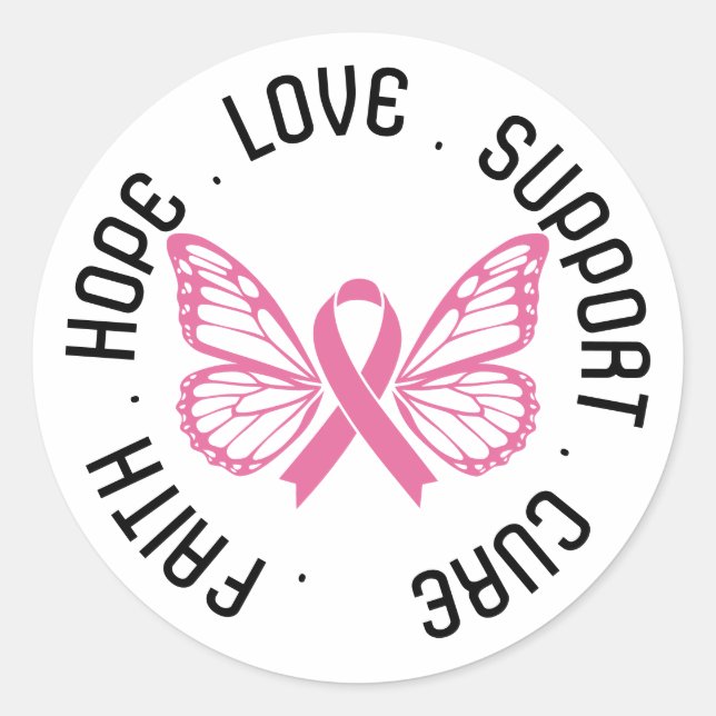 Sticker Rond Faith Hope Cure Cancer Du Sein Ruban Avec Ailes (Devant)