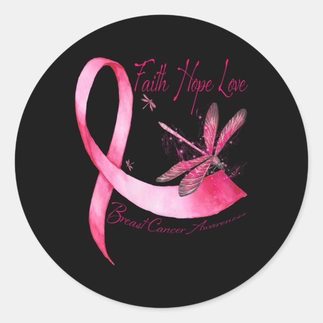 Sticker Rond Faith Hope Love Dragonfly Pink Ribbon Breast Cance (Devant)