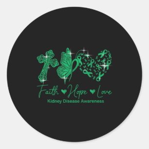 Sticker Rond Faith Hope Love Green Ribbon Kidney Disease Award