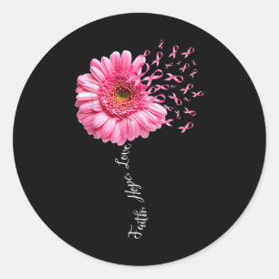 Sticker Rond Faith Hope Love Pink Ribbon Daisy Flower Breast C