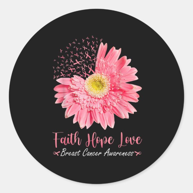 Sticker Rond Faith Hope Love Pink Ribbon Daisy Sunflowers Breas (Devant)