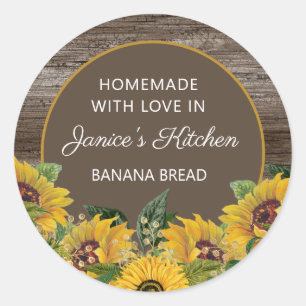 Sticker Rond Faits à la main avec amour Jaunes Tournesols Bois