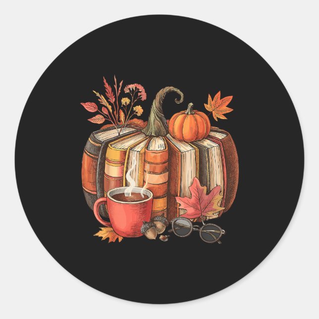 Sticker Rond Fall Book Pumpkin Retro Reading Halloween Teacher  (Devant)