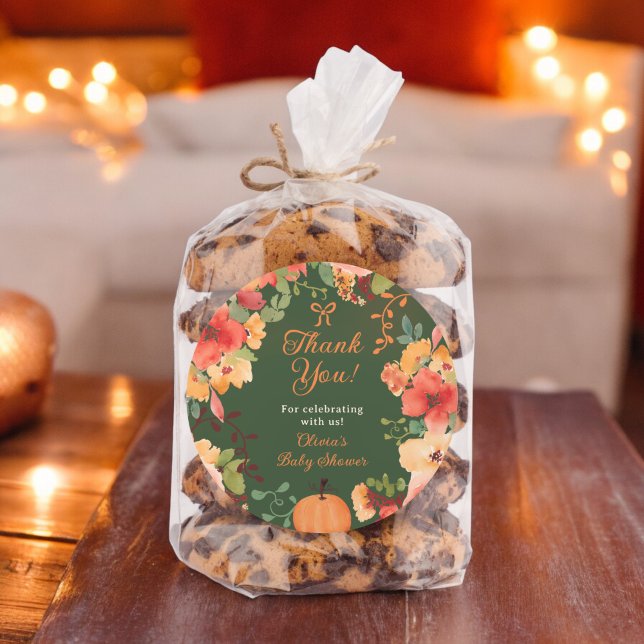Sticker Rond Fall Bow Boho citrouille floral merci baby shower (Fall Bow Boho pumpkin floral thank you baby shower Classic Round Sticker on green)